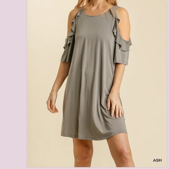 Umgee Dresses & Skirts - Umgee Goldenrod Cold Shoulder Ruffle Trimmed Detail short Sleeve Dress Ash Sz S